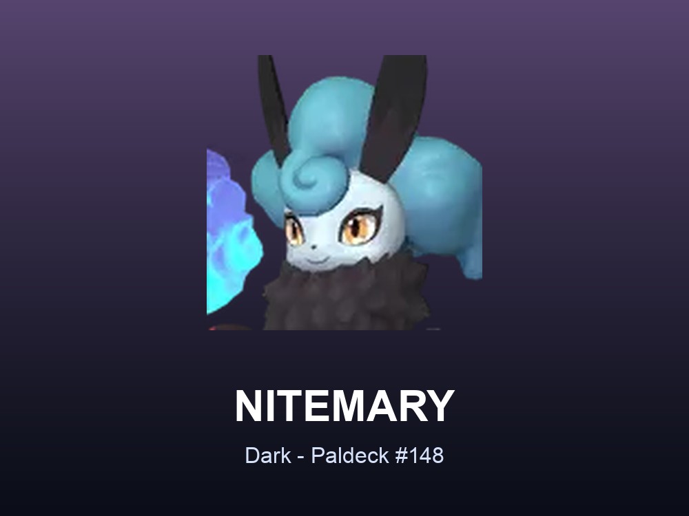 Nitemary hero card showing the Dark Pal Nitemary, Paldeck #148, against a deep purple gradient.