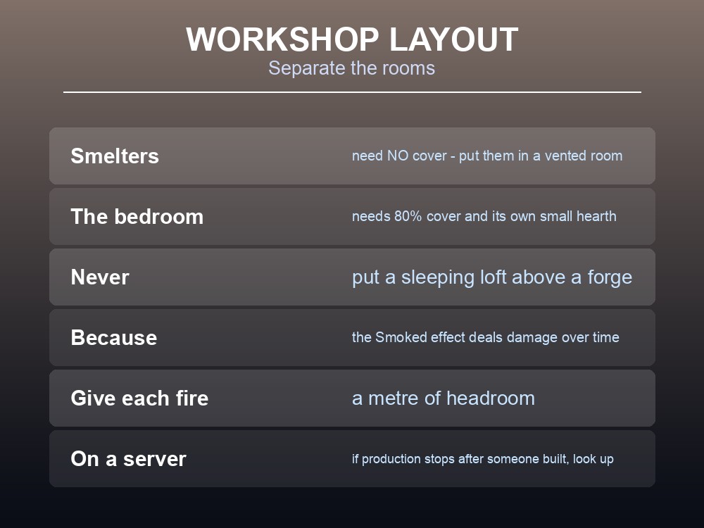 Card giving practical Valheim workshop layout advice for smoke.