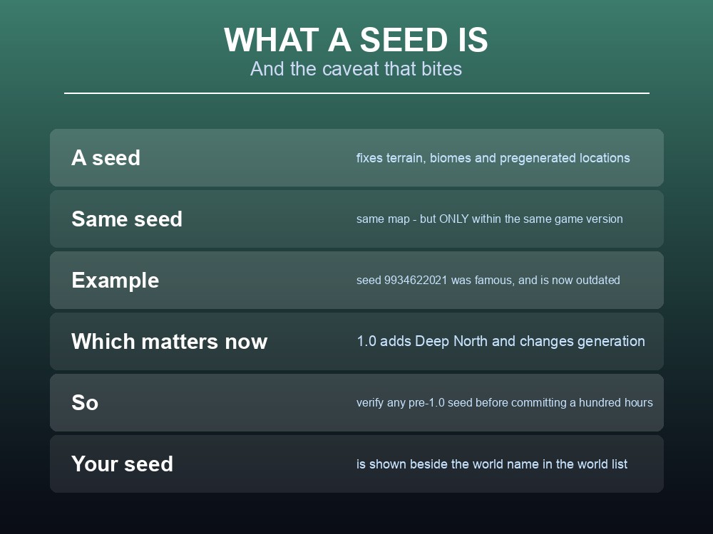 Card explaining what a Valheim world seed determines.