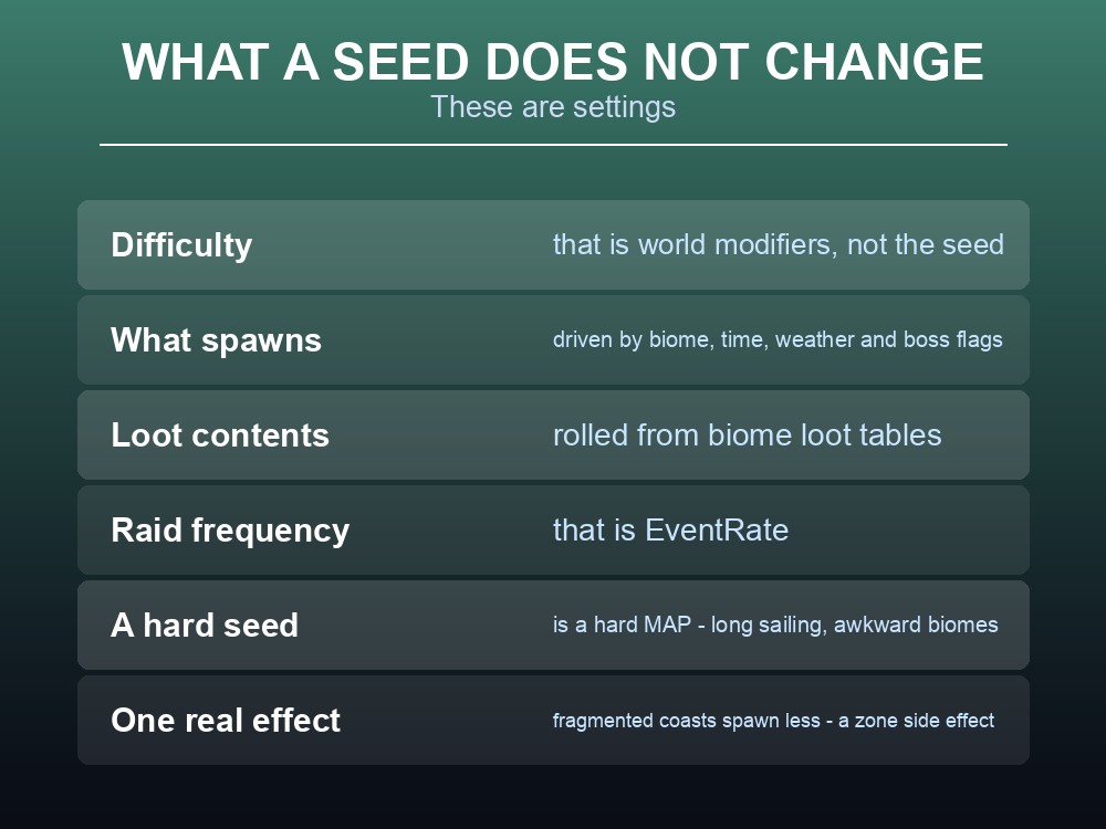 Card explaining what Valheim world seeds do not control.