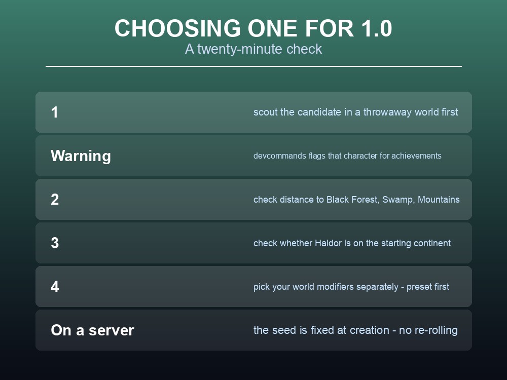 Card giving practical advice for choosing a Valheim seed before 1.0.