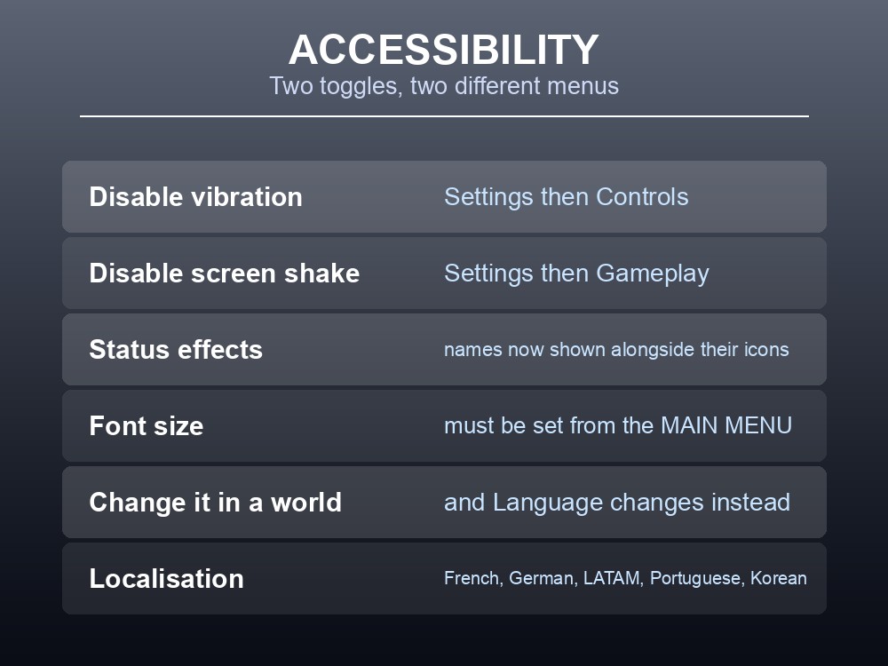 Card listing Dragonwilds' accessibility settings and where to find them.