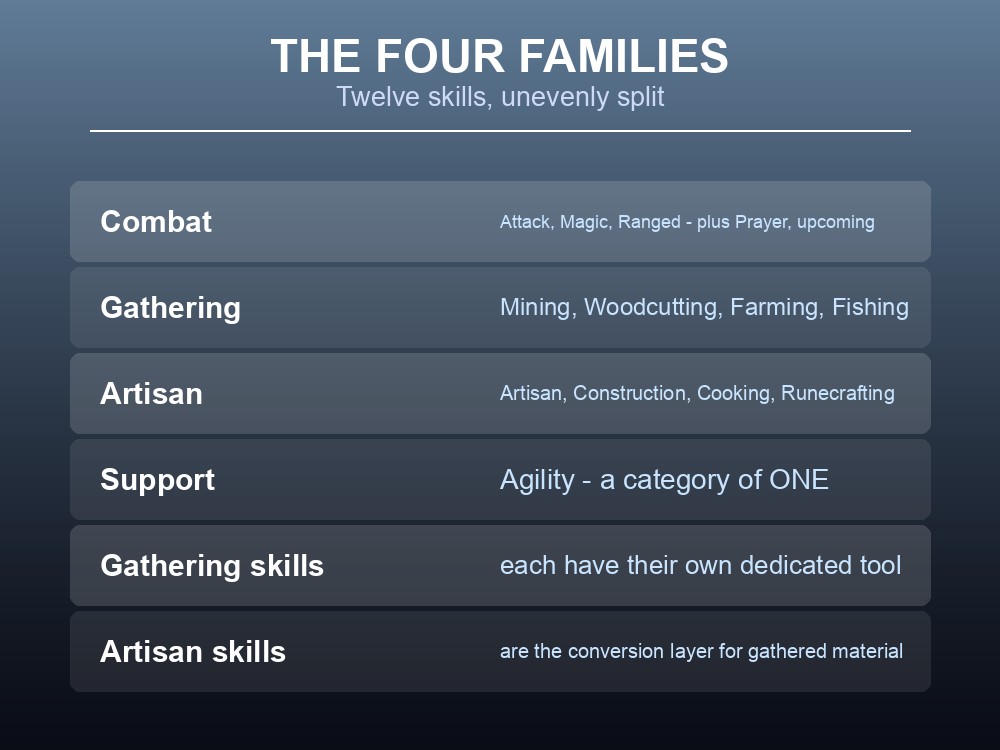 Card listing the twelve Dragonwilds skills grouped into four families.