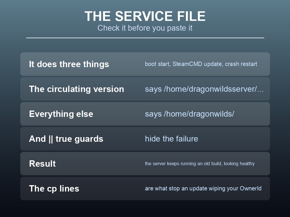 Card showing the Dragonwilds systemd service file and its path bug.