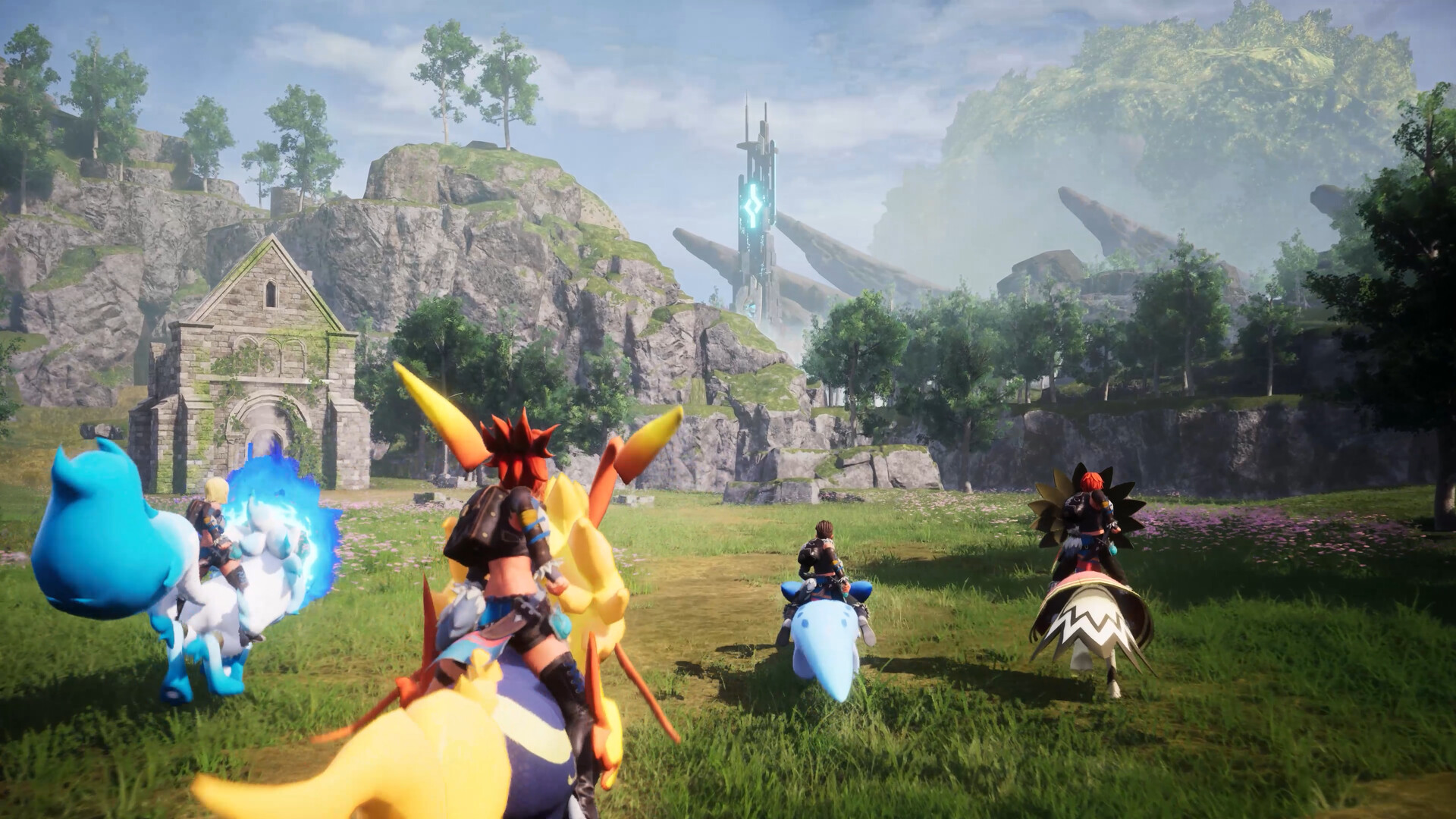 A co-op squad riding out together in Palworld 1.0