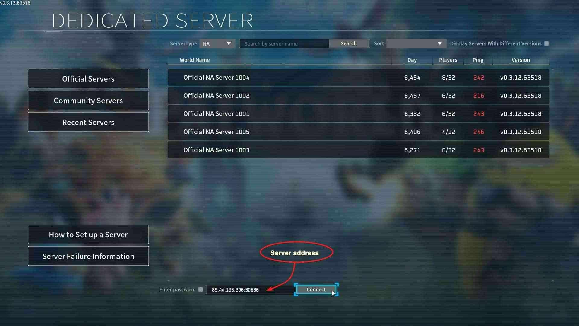 Browsing dedicated servers from Palworld's Join Multiplayer screen