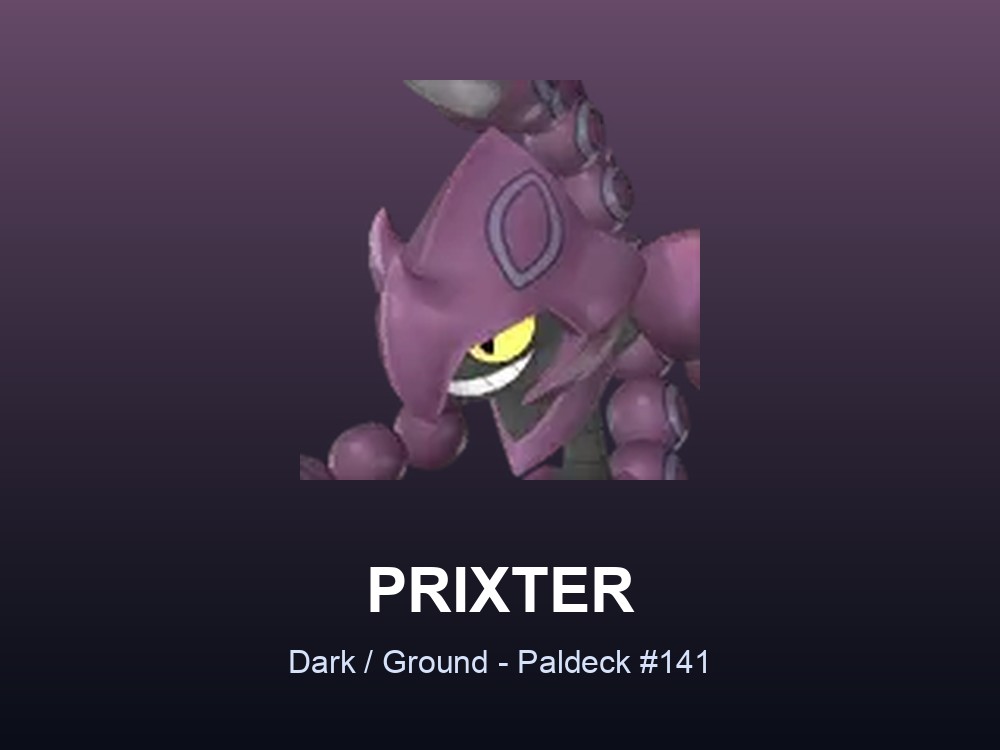 Prixter hero card showing the Dark and Ground Pal Prixter, Paldeck #141, against a purple gradient.