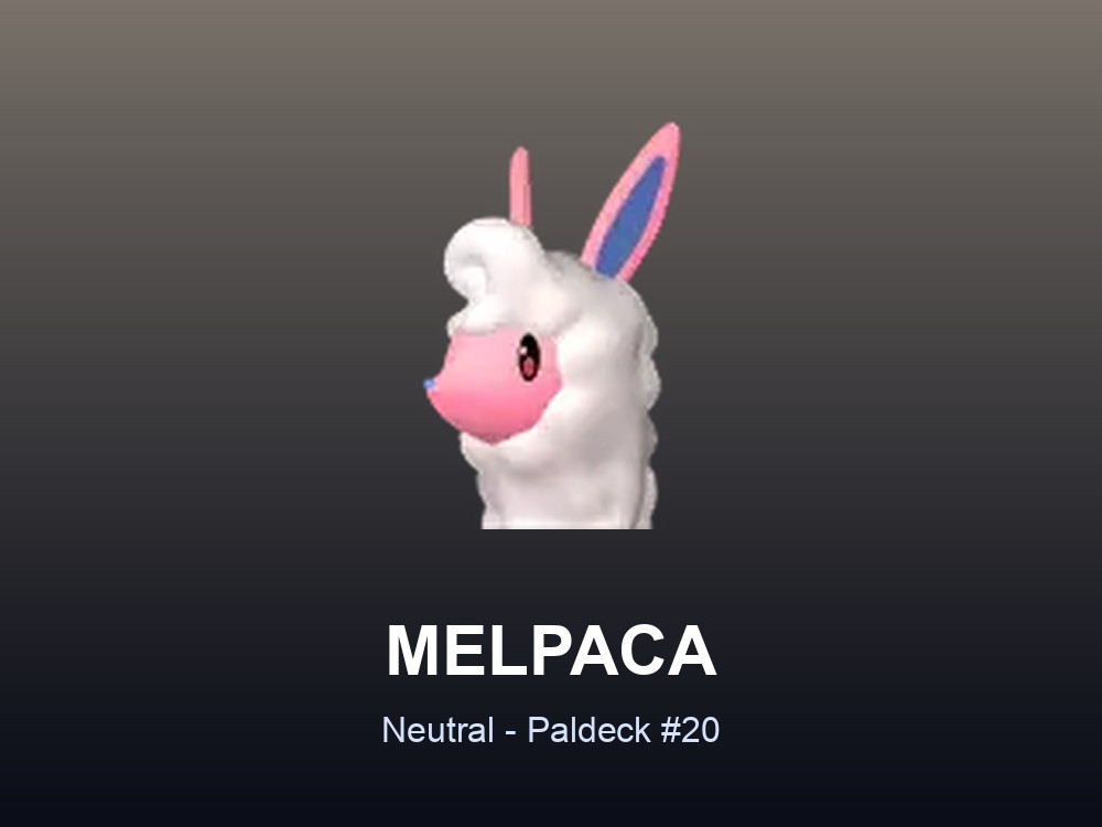 Melpaca hero card showing the Neutral Pal Melpaca, Paldeck #20, against a warm grey gradient.