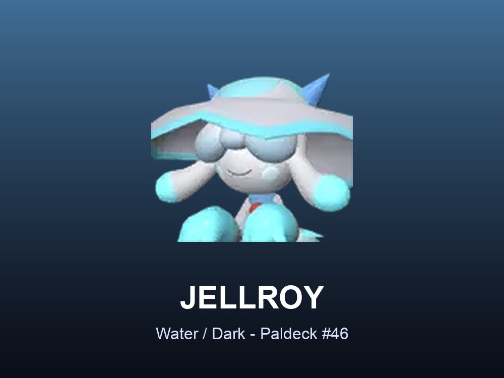 Jellroy hero card showing the Water and Dark Pal Jellroy, Paldeck #46, against a deep blue gradient.