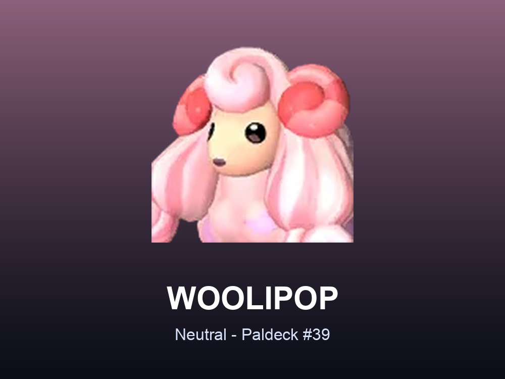 Woolipop hero card showing the Neutral Pal Woolipop, Paldeck #39, against a pink-violet gradient.