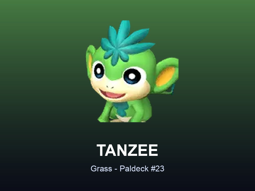 Tanzee hero card showing the Grass Pal Tanzee, Paldeck #23, against a green gradient.