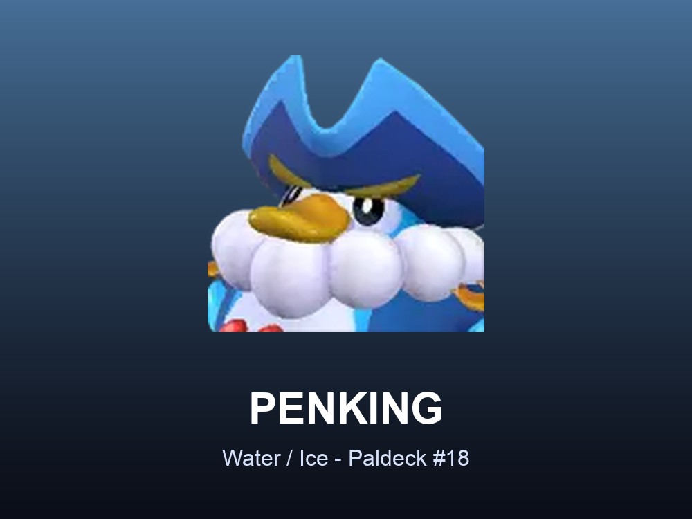 Penking hero card showing the Water and Ice Pal Penking, Paldeck #18, against a blue gradient.