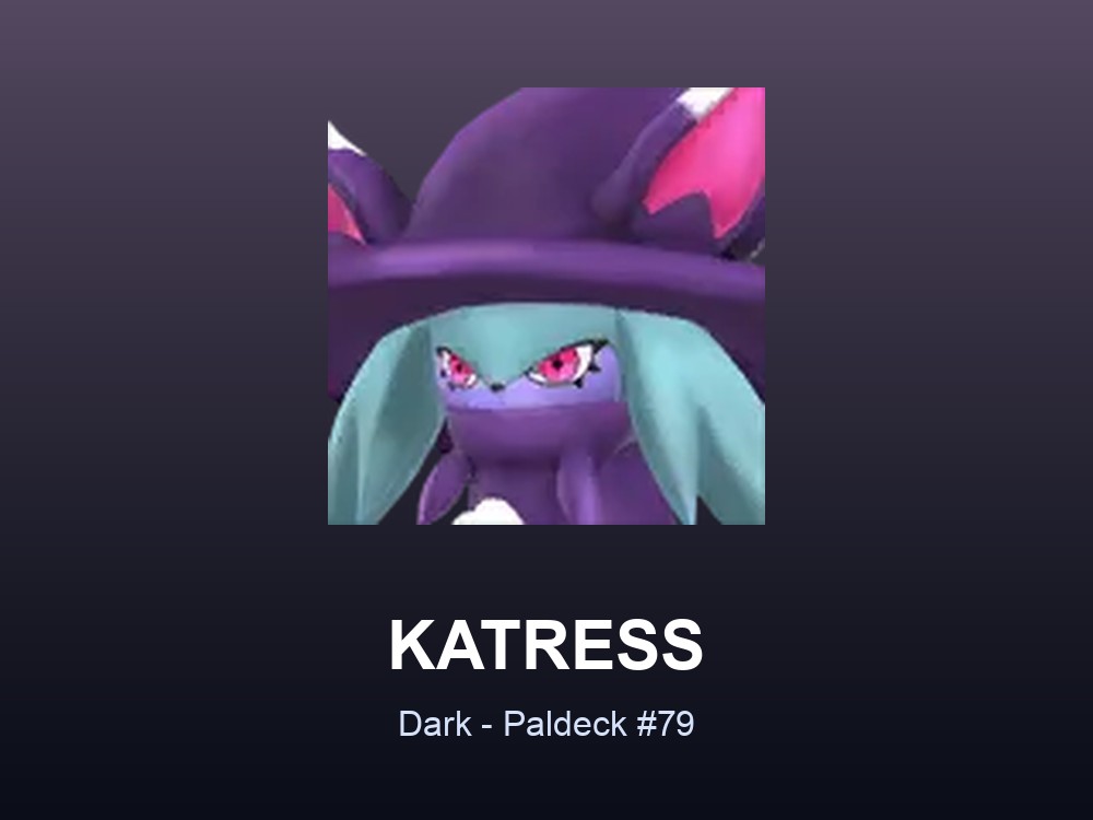 Katress hero card showing the Dark Pal Katress, Paldeck #79, against a dark violet gradient.
