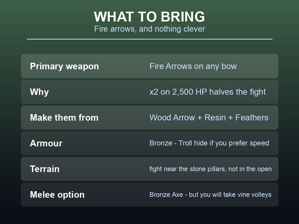 Card listing fire arrows and Bronze-tier gear for The Elder fight.
