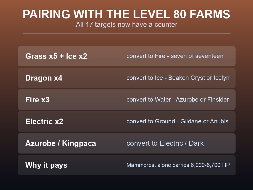 Card pairing each type converter with the Level 80 farm targets it counters.