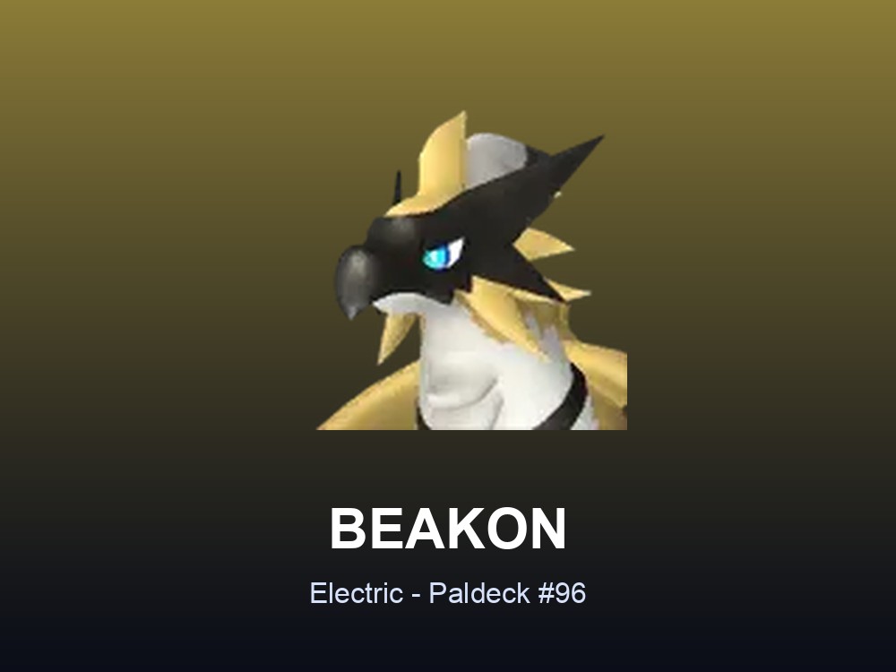 Beakon hero card showing the Electric Pal Beakon, Paldeck #96, against a yellow gradient.