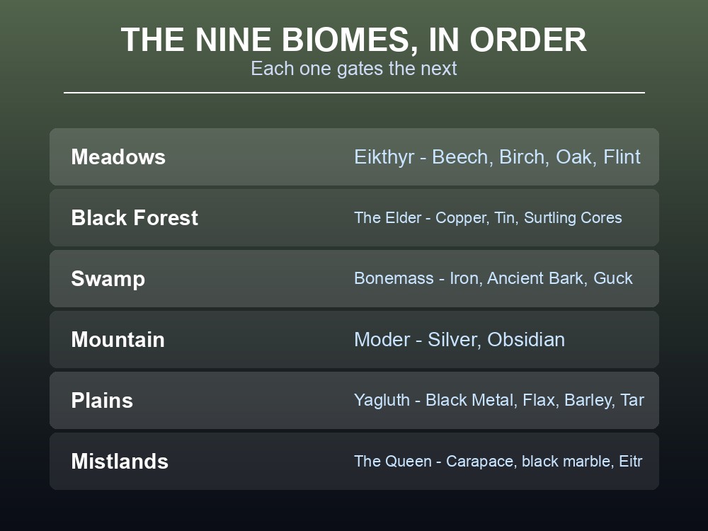 Card listing Valheim's first six biomes with their bosses and key resources.