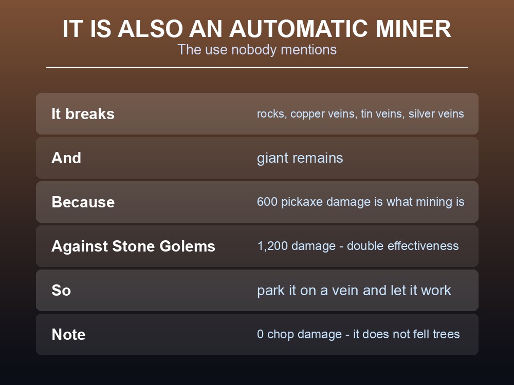 Card explaining that the Battering Ram breaks ore veins and rocks.
