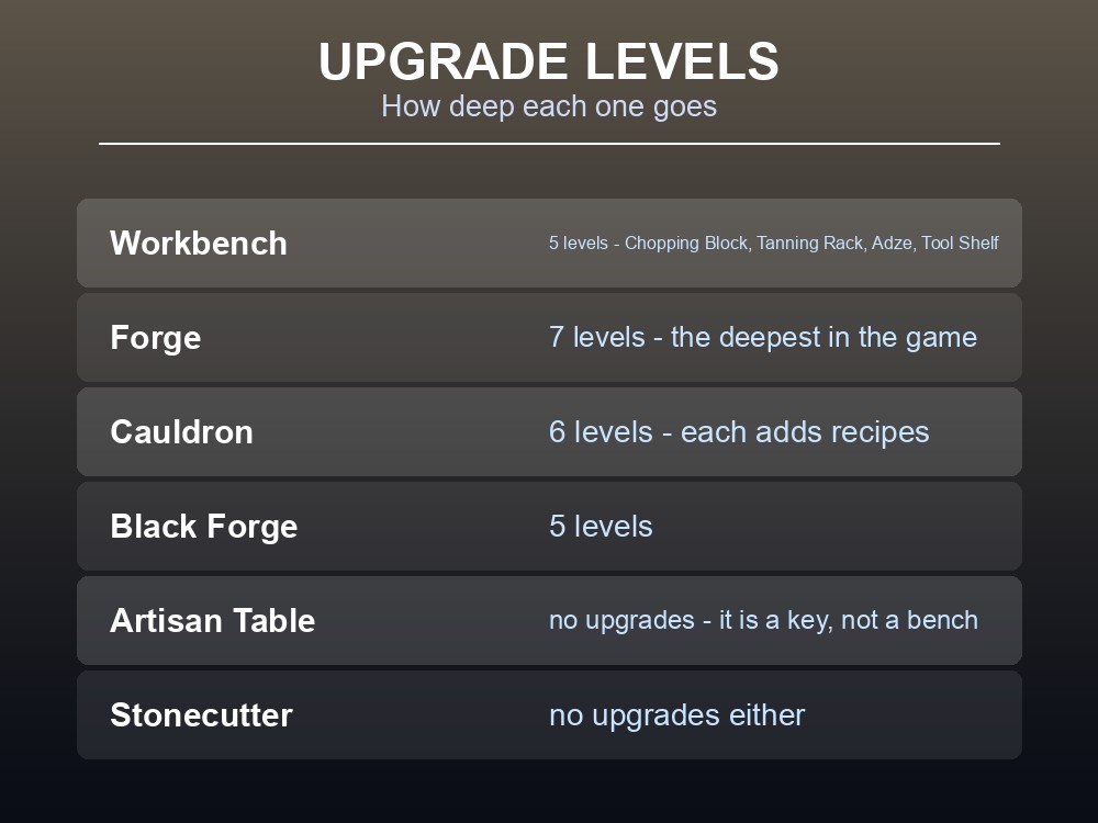 Card showing how many upgrade levels each Valheim station has.