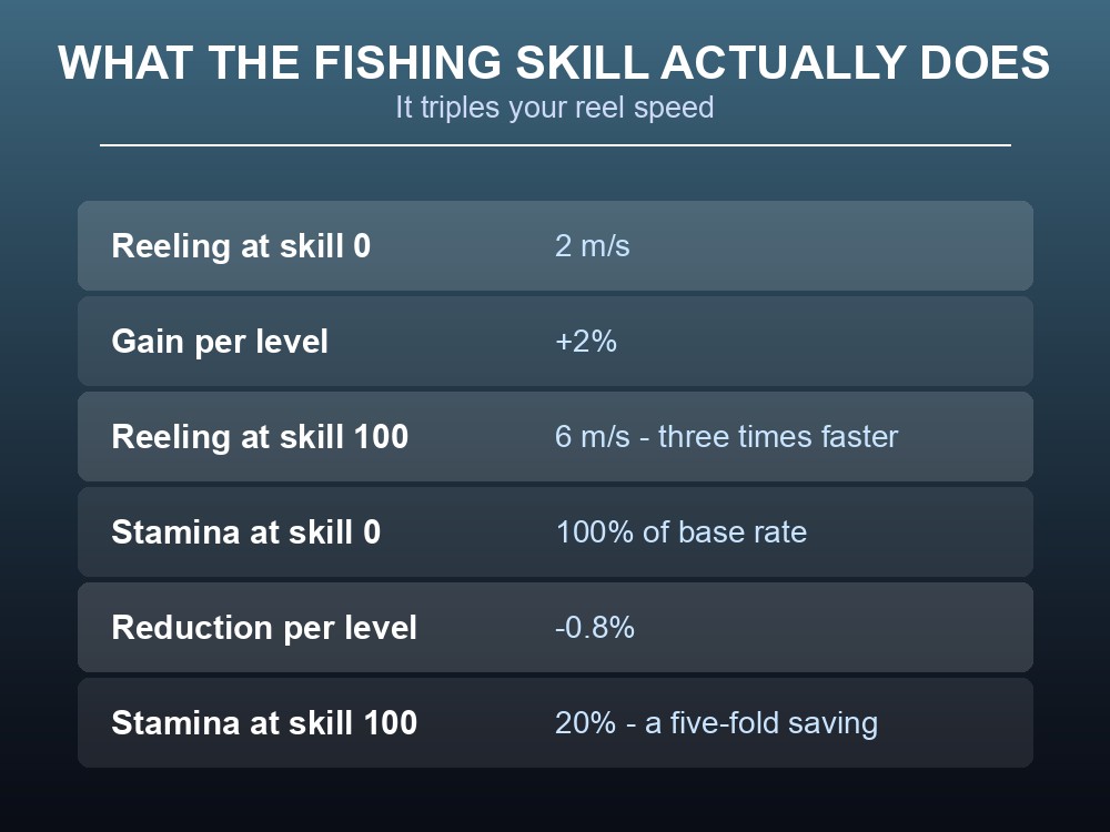 Card showing how the Fishing skill scales reel speed and stamina cost.