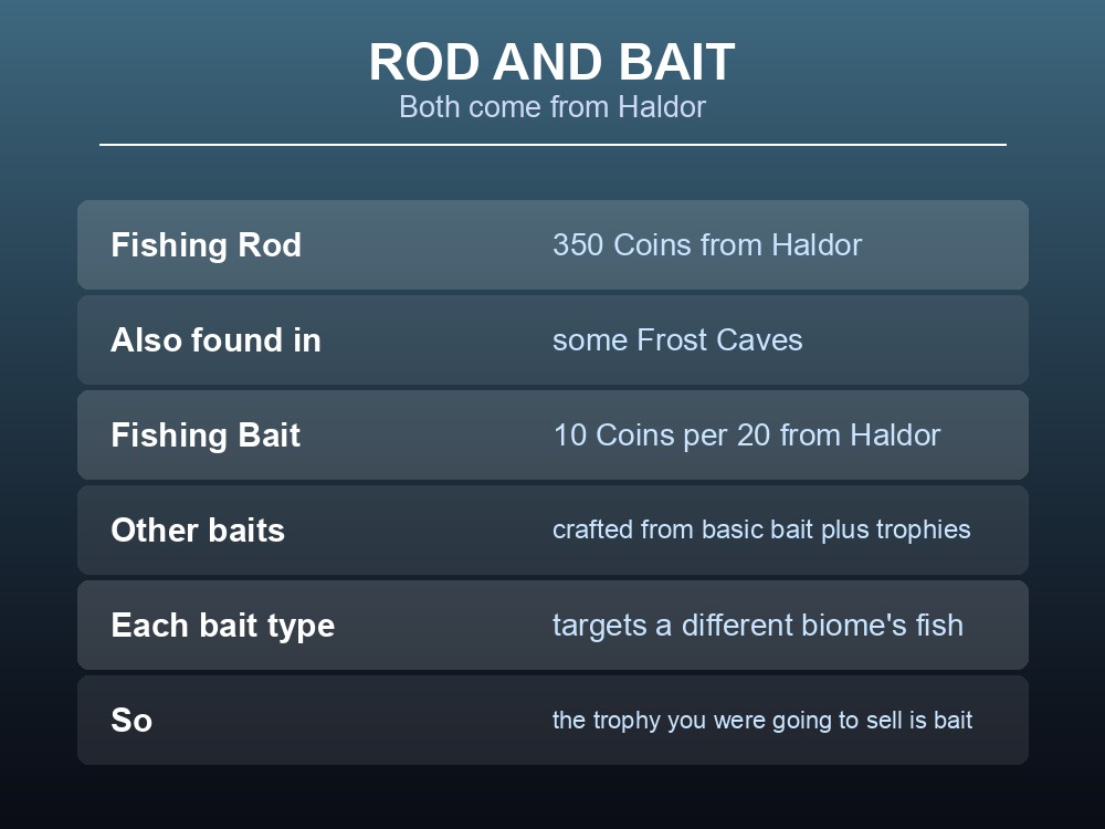Card listing the Fishing Rod and bait costs from Haldor.