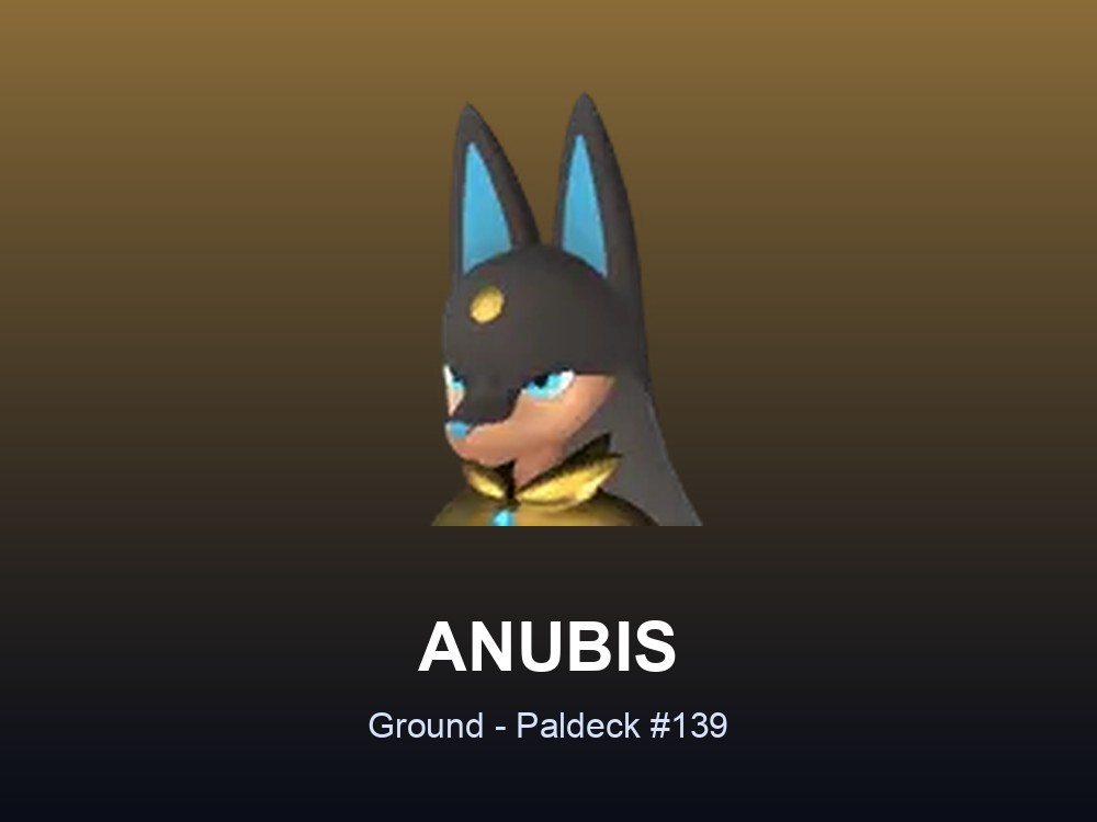 Anubis hero card showing the Ground Pal Anubis, Paldeck #139, against a desert gradient.