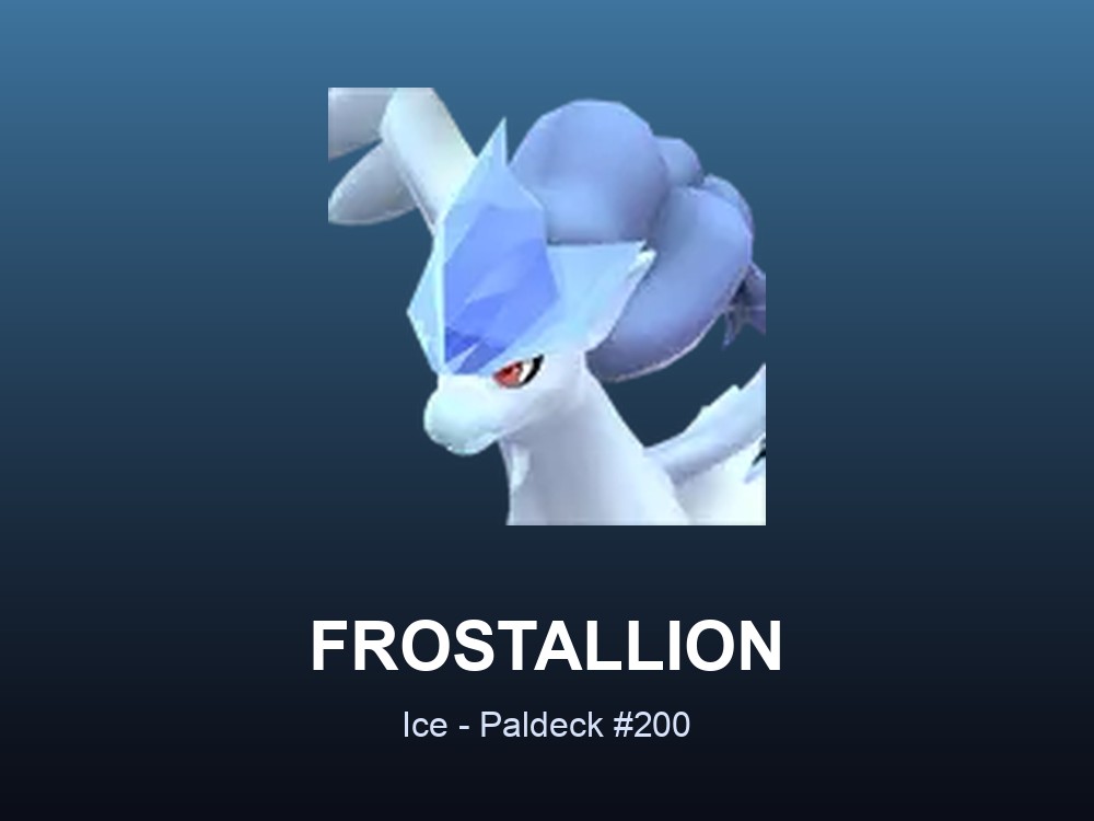 Frostallion hero card showing the Ice Pal Frostallion, Paldeck #200, against an icy gradient.