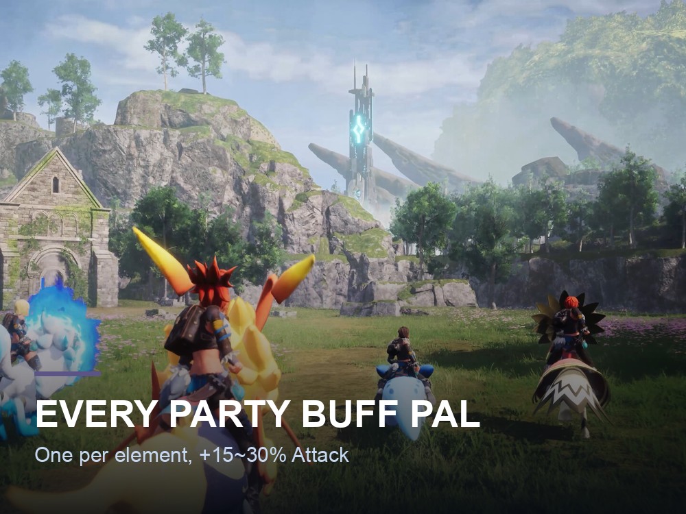 A Palworld player fighting alongside a party of Pals in the field.