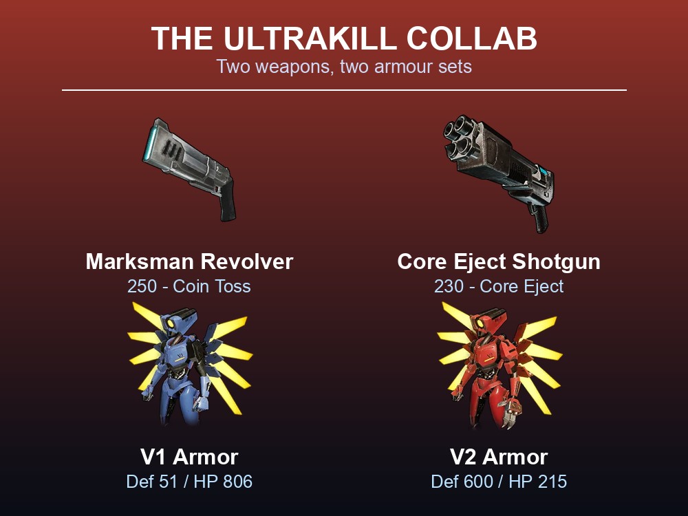 The two ULTRAKILL weapons and the V1 and V2 armour sets as in-game items.