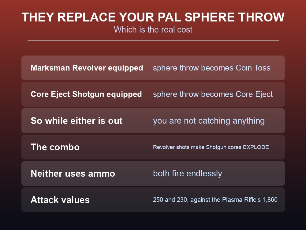 Card warning that ULTRAKILL weapons replace the Pal Sphere throw in Palworld.