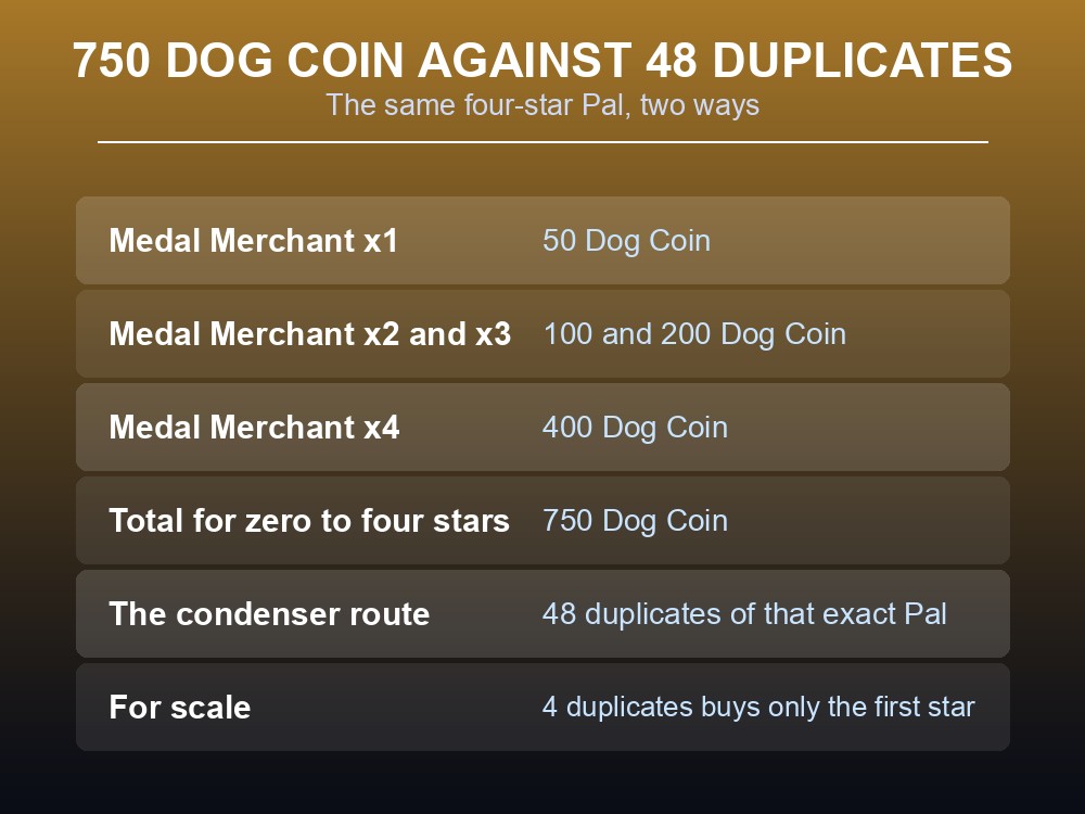 Card comparing the Medal Merchant starfruit route against condensing in Palworld.