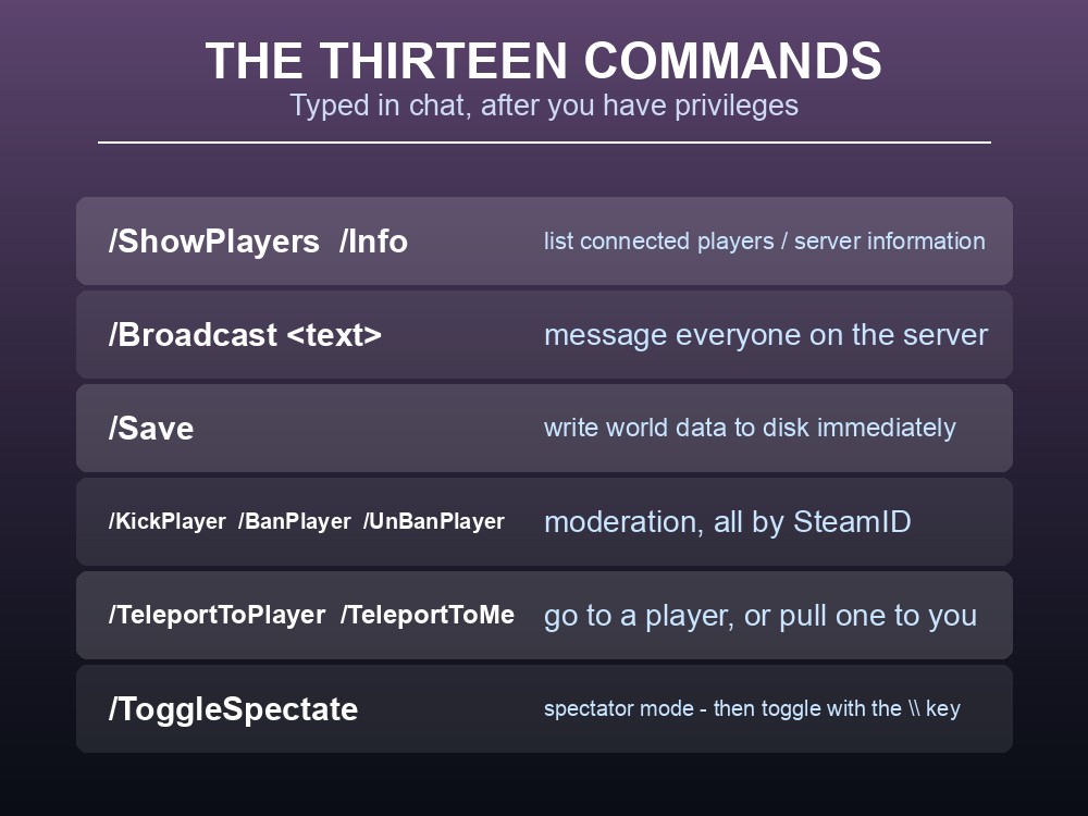 Card listing all thirteen Palworld admin commands.