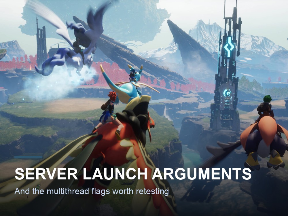 Two Palworld players flying toward a distant tower.