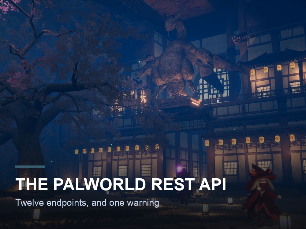A Palworld village at night, lit by lanterns.