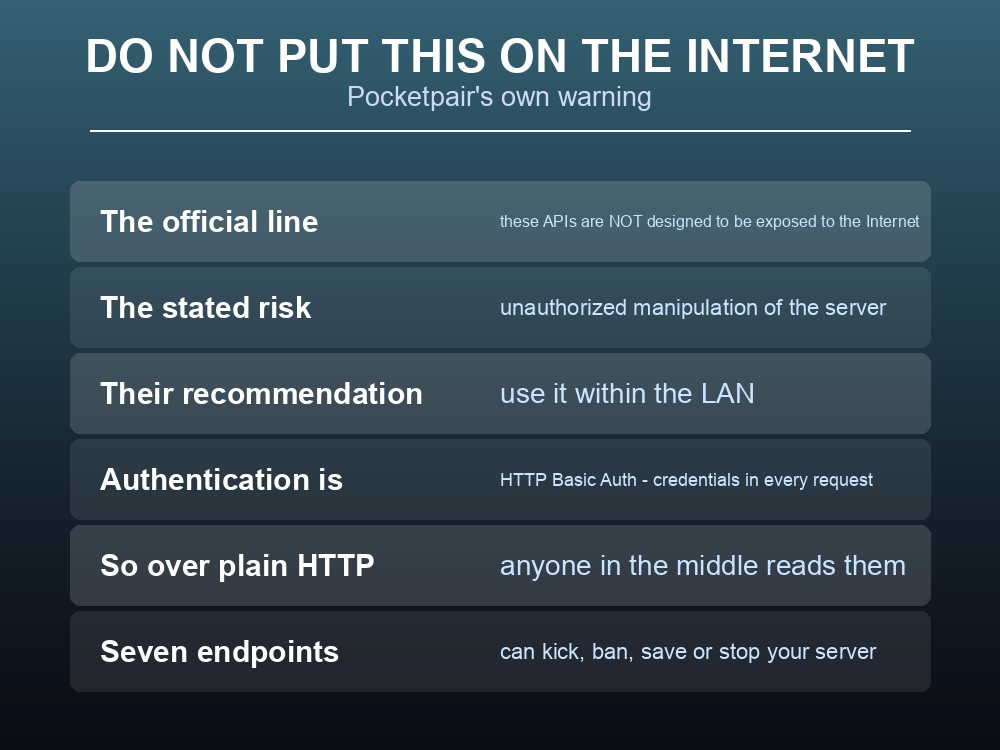 Card showing Pocketpair's warning about exposing the Palworld REST API.