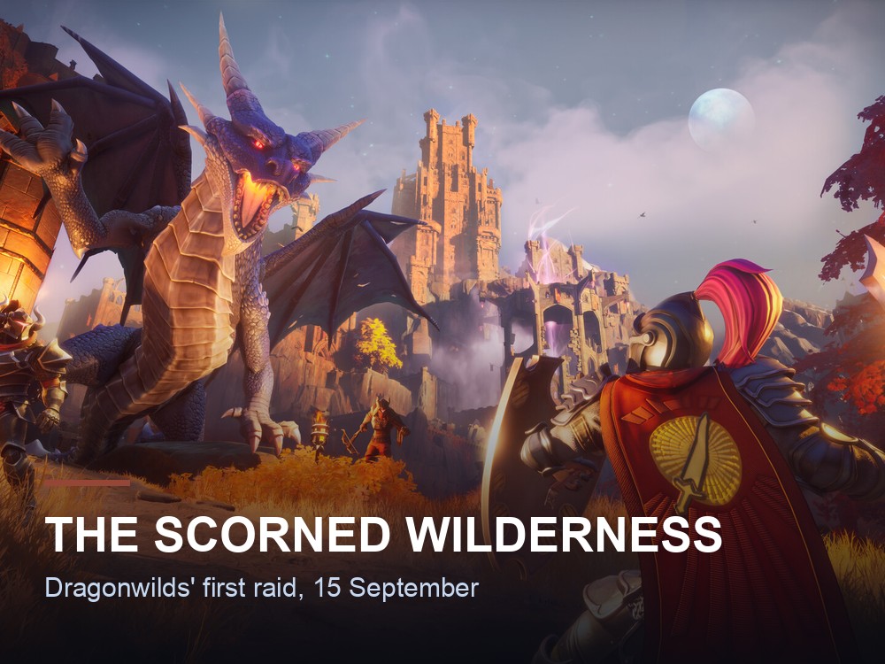 A knight facing a large dragon among ruins in Dragonwilds.