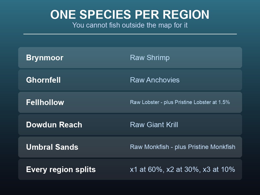 Card listing the net fish available in each Dragonwilds region.