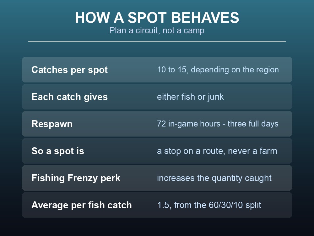 Card explaining catch counts and respawn timing for Dragonwilds fishing spots.