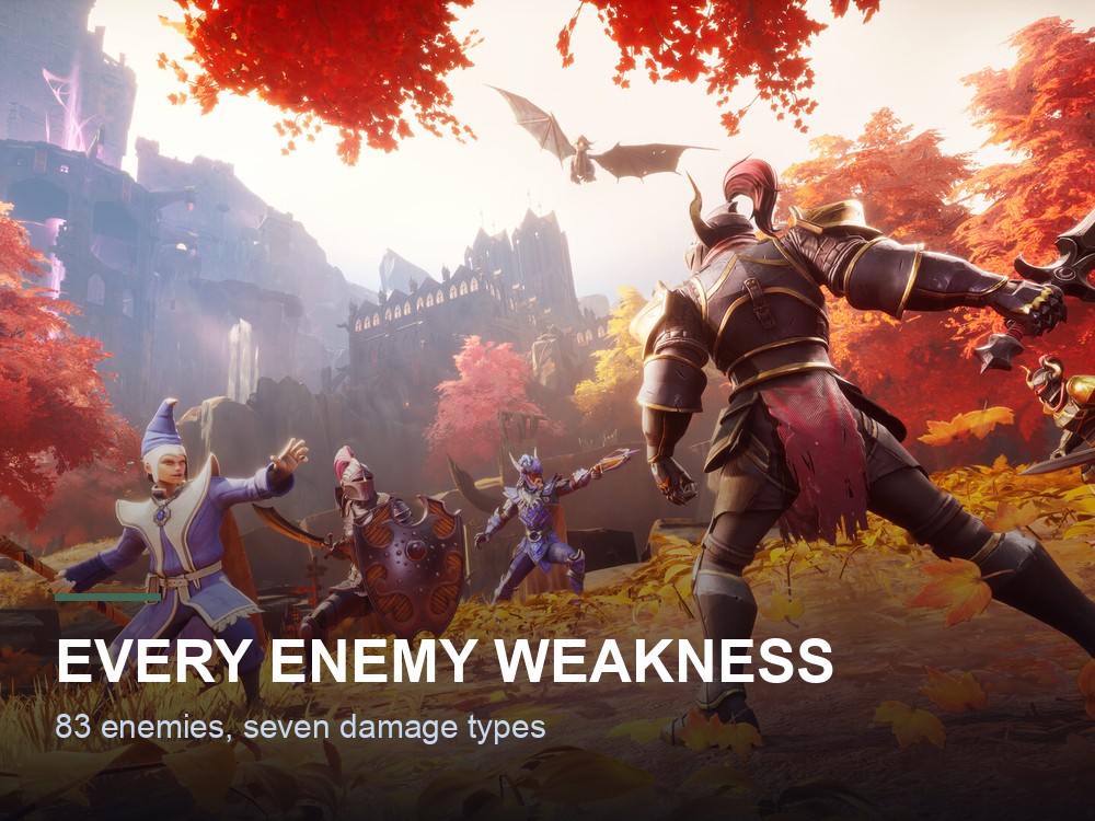 Adventurers fighting a Black Knight in an autumn forest in Dragonwilds.