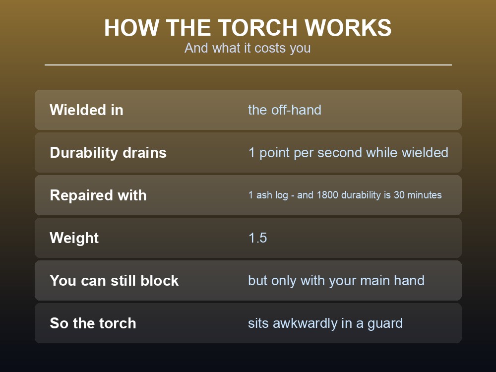 Card explaining Dragonwilds torch durability and handling.
