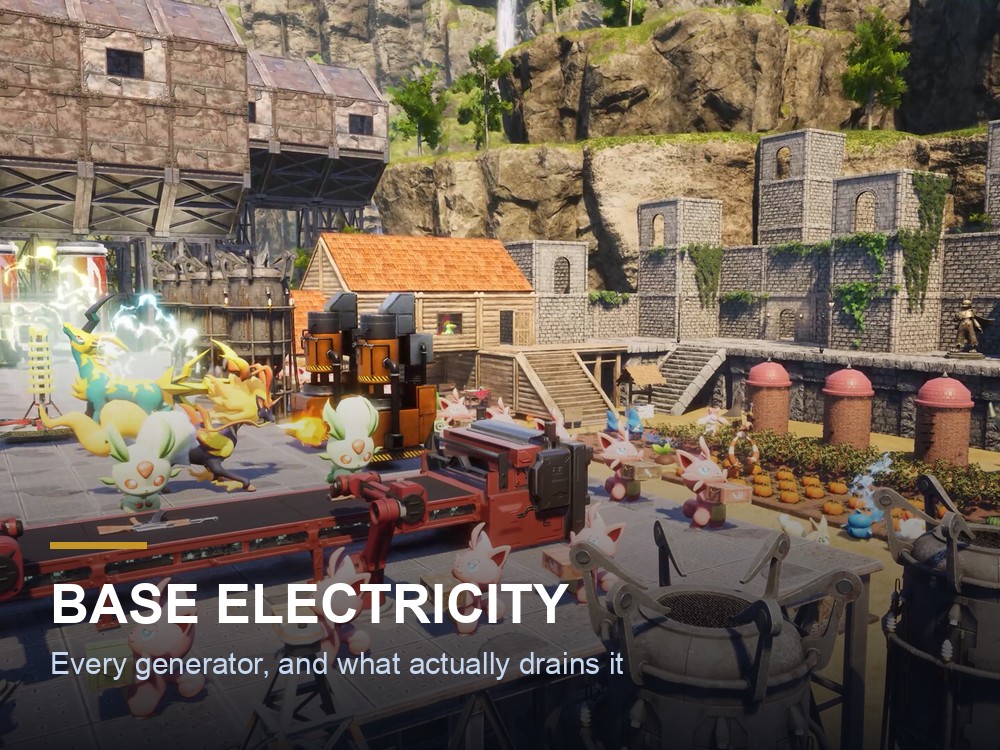 A Palworld base with Electric Pals powering conveyor production lines.