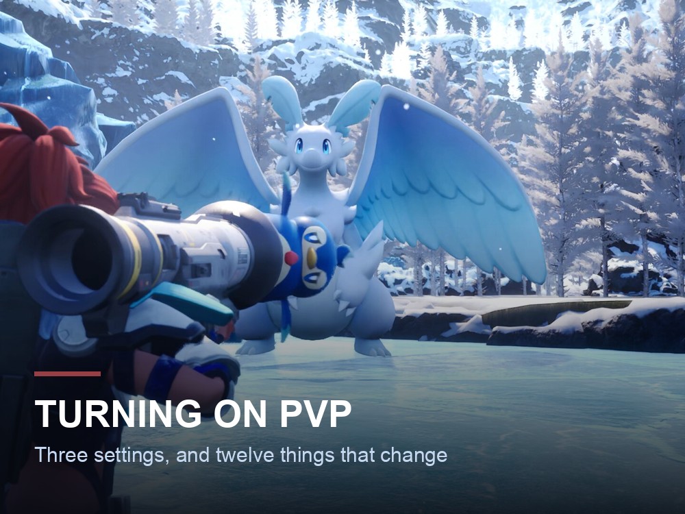 A Palworld player aiming a rocket launcher at a Pal across a frozen lake.