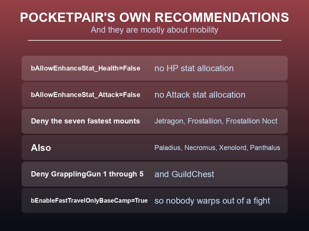 Card listing Pocketpair's recommended additional settings for a PvP Palworld server.