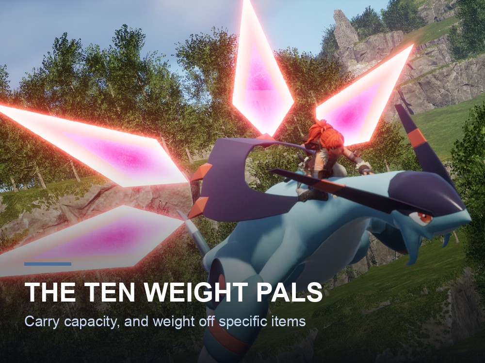 A Palworld player and Pals hauling supplies across the map.