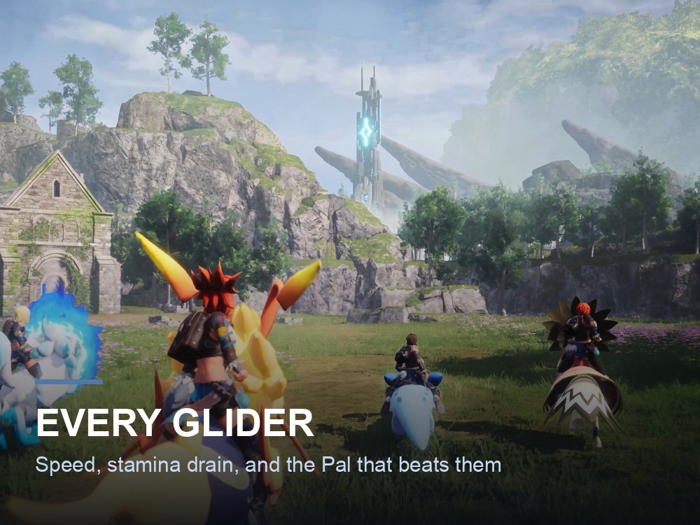 A Palworld player gliding over the landscape.