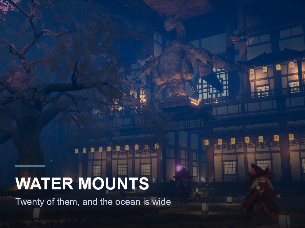 A Palworld coastline with Pals in the water.