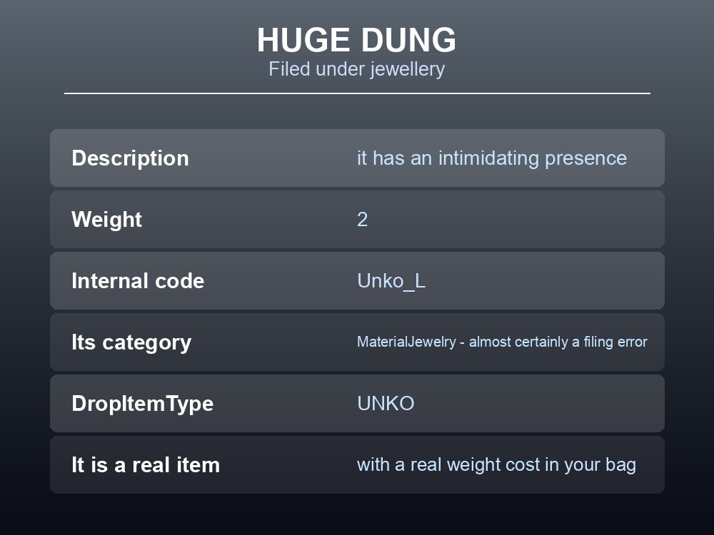 Card describing Palworld's Huge Dung item.