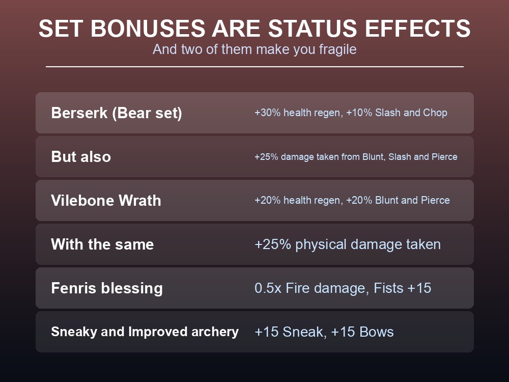 Card explaining Valheim armour set bonuses as status effects.