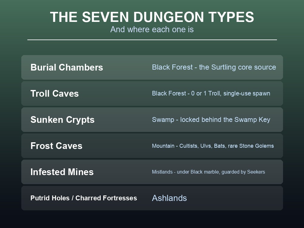 Card listing Valheim's seven dungeon types and their biomes.