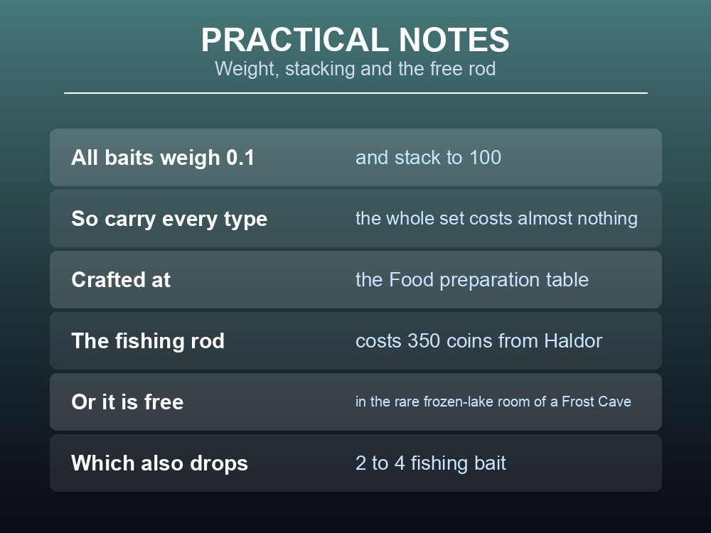 Card listing practical notes on Valheim fishing bait and rods.